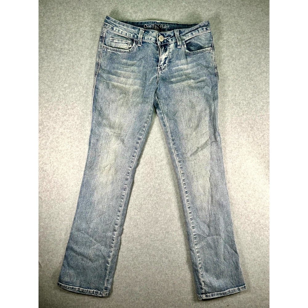 One Tuff Babe Jeans Womens 5/6 Blue Denim Ramie Stretch Medium Wash Whiskers